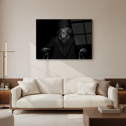 Top Hat Lion Glass Wall Art above a cream sofa in a luxury living room
