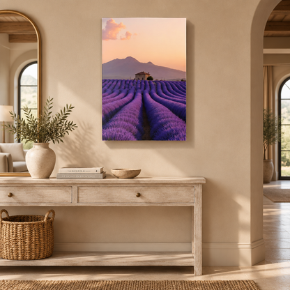 Provence lavender field glass wall art in an entrance hall
