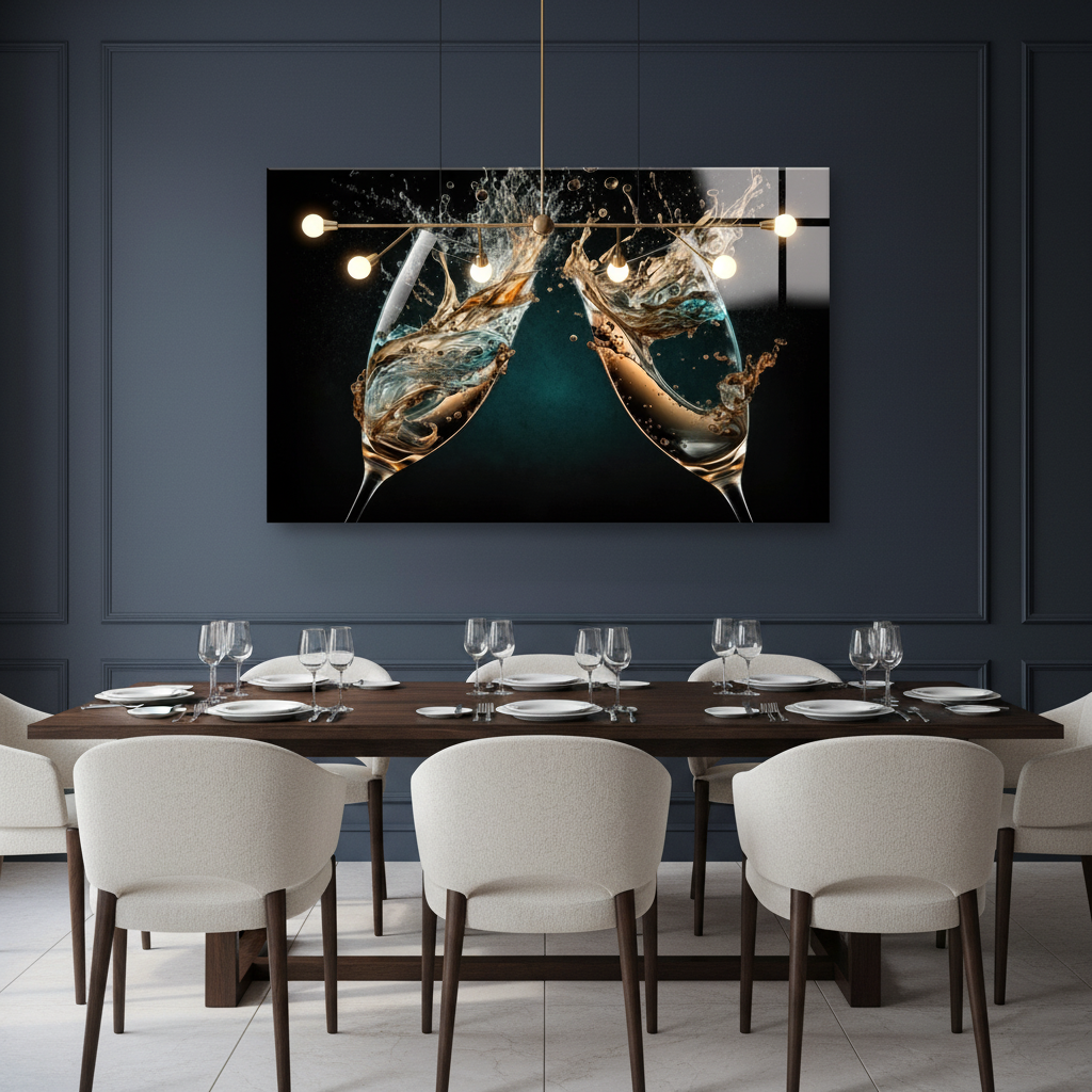 LMT-050 champagne glasses splash glass wall art in a luxury dining room