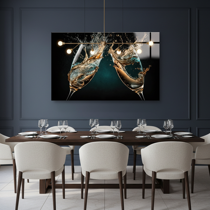 LMT-050 champagne glasses splash glass wall art in a luxury dining room