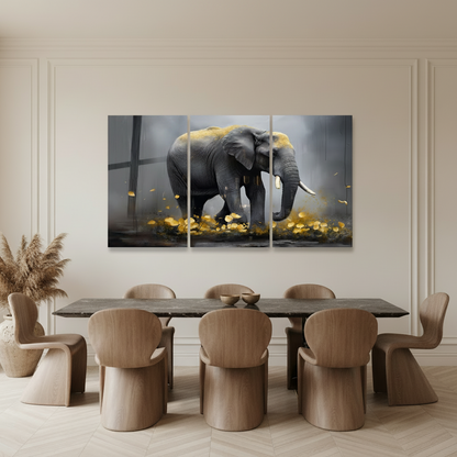 T-39 African elephant and golden leaves triptych glass wall art with warm ivory walls