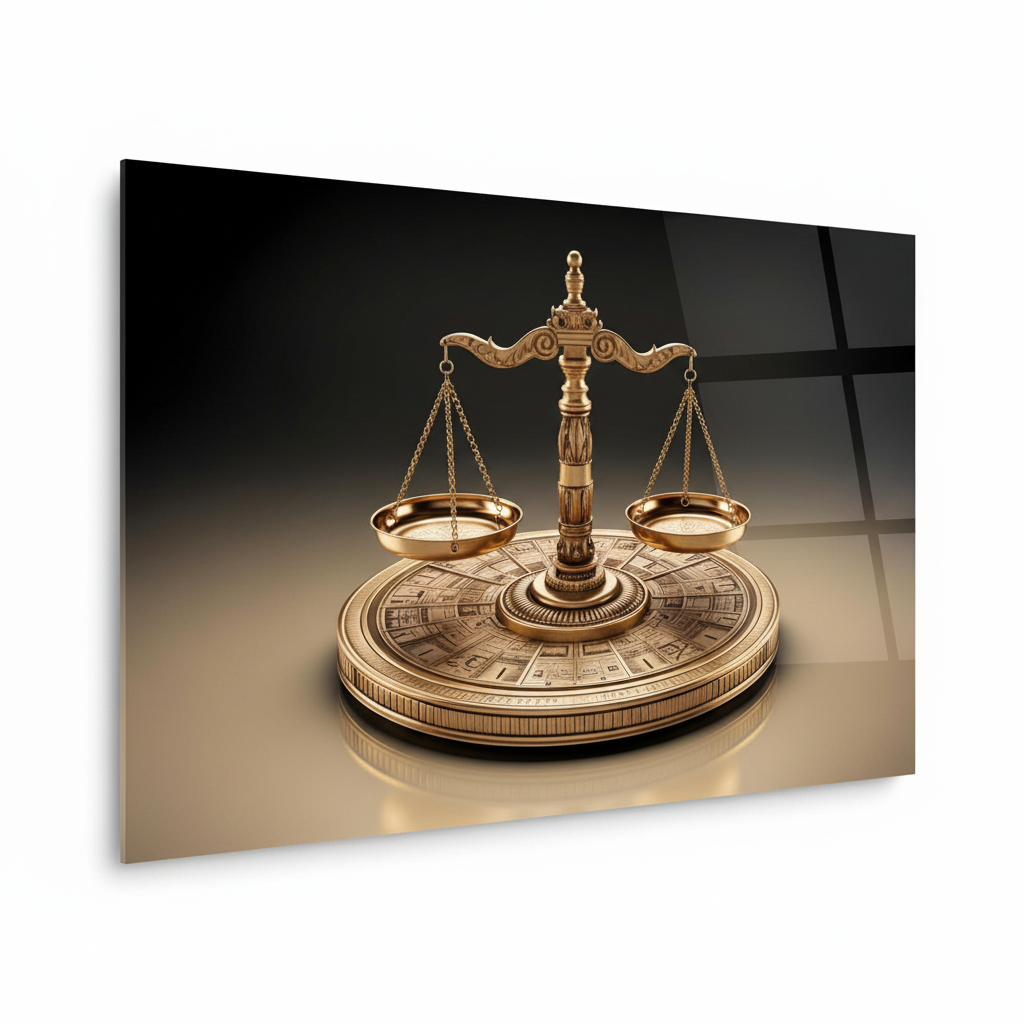 Left angled view of golden scales of justice horizontal glass wall art