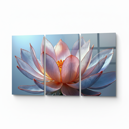 Right-side view of T-38 lotus flower triptych glass wall art on a white background
