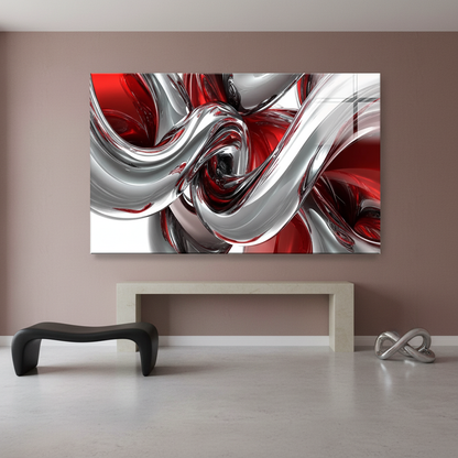 LMT-048 chrome silver red black abstract glass wall art in a luxury art gallery foyer
