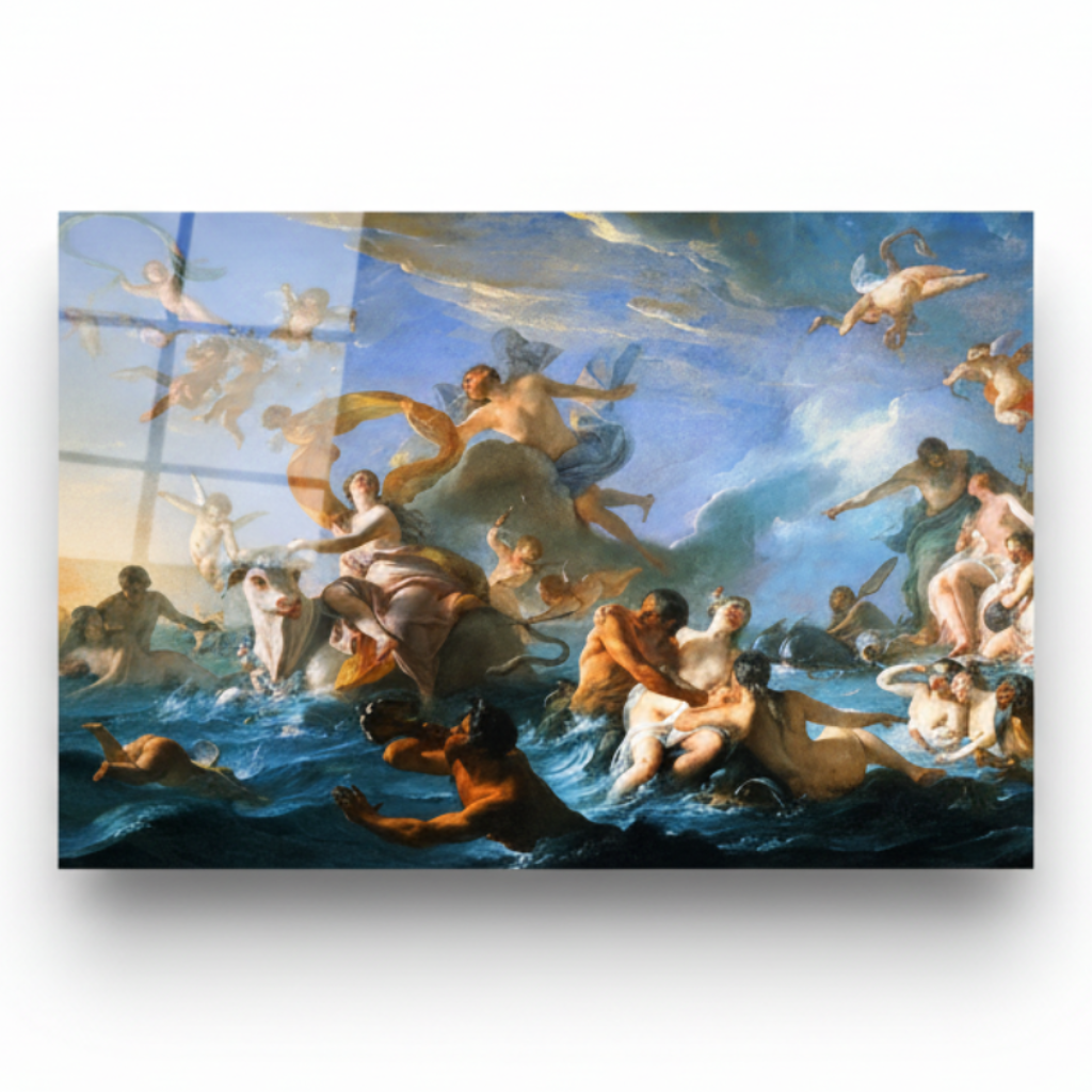 Front view of mythological marine glass wall art on a pure white background