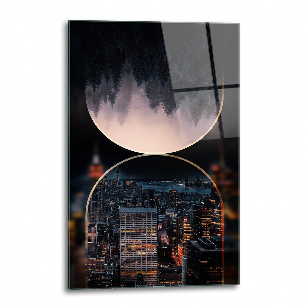 D-176 forest and night city glass wall art, right angle