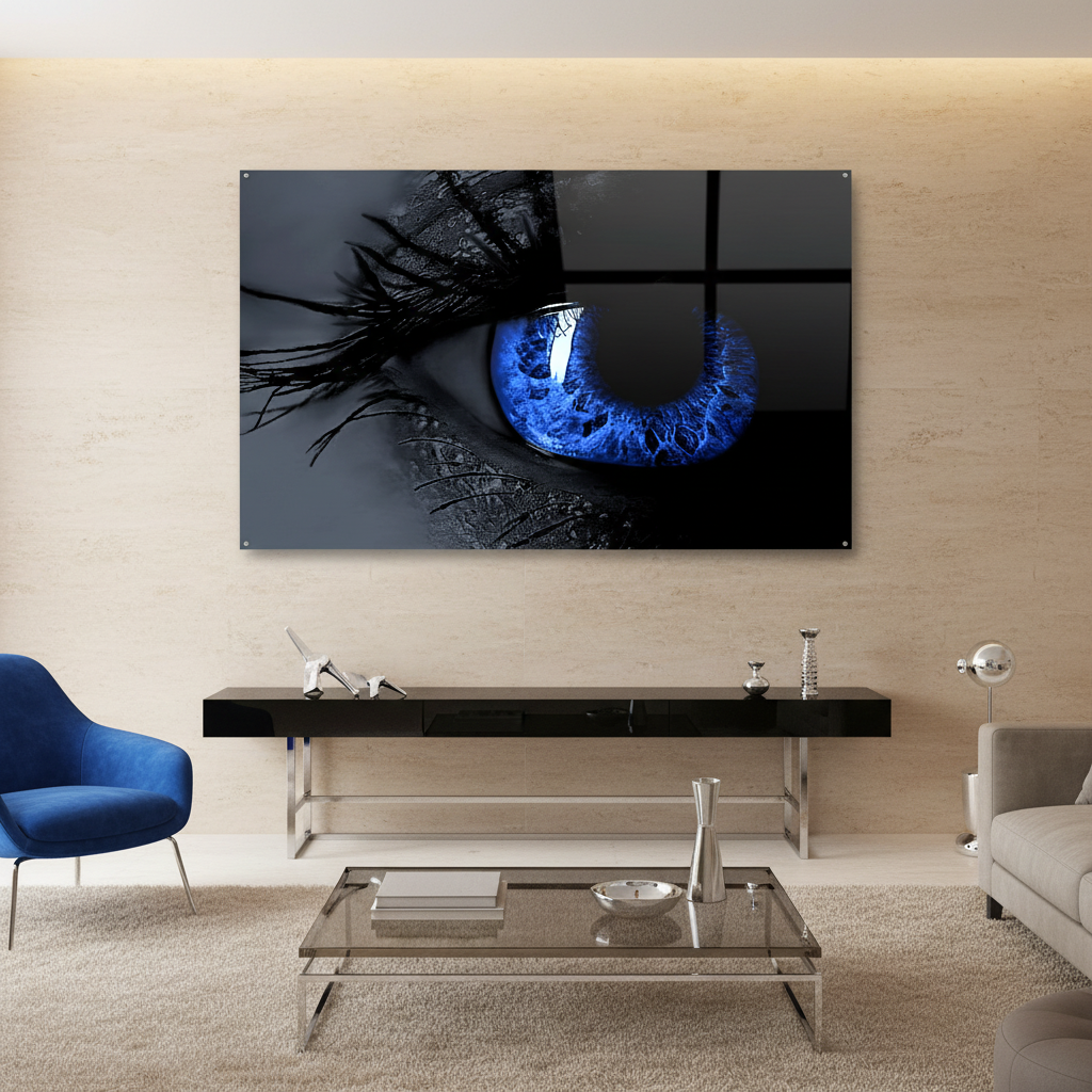 Y-298 electric blue eye glass wall art in a luxury creative studio
