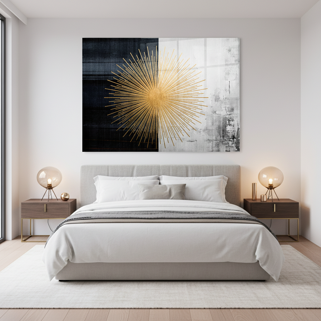 Golden Sunburst Glass Wall Art in luxury bedroom