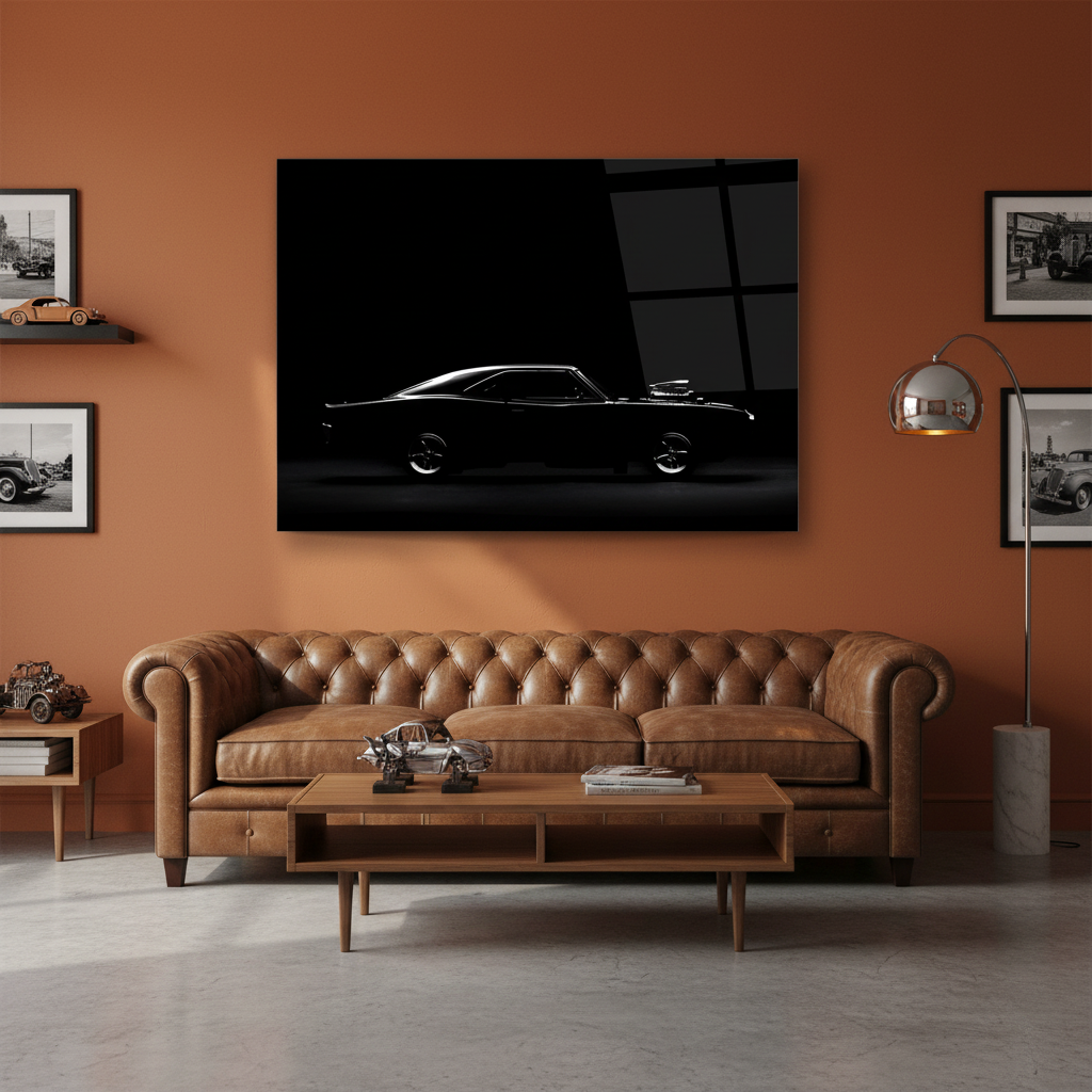 1968 Dodge Charger glass wall art displayed in a retro garage lounge