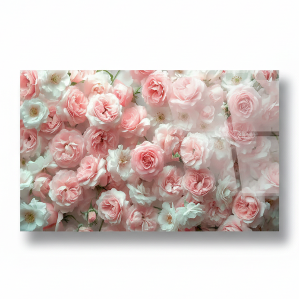 Y-299 pink and ivory roses glass wall art, front view with original wide panel proportions
