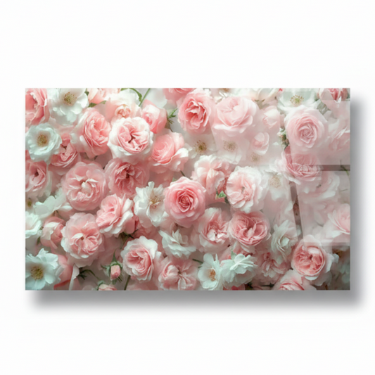 Y-299 pink and ivory roses glass wall art, front view with original wide panel proportions
