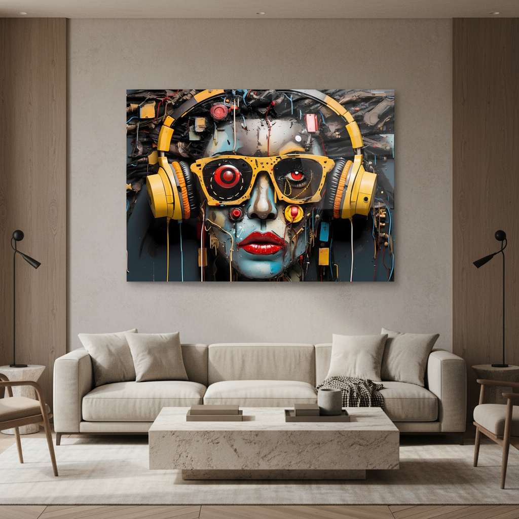 Cyberpunk Woman Glass Wall Art above a neutral sofa in a luxury contemporary living room