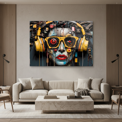 Cyberpunk Woman Glass Wall Art above a neutral sofa in a luxury contemporary living room
