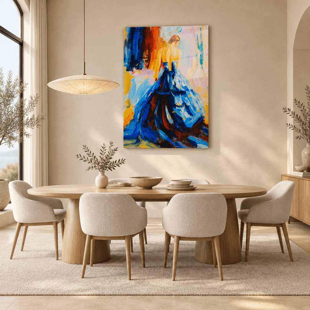 Colorful woman in blue dress glass wall art displayed in a sand-beige dining room