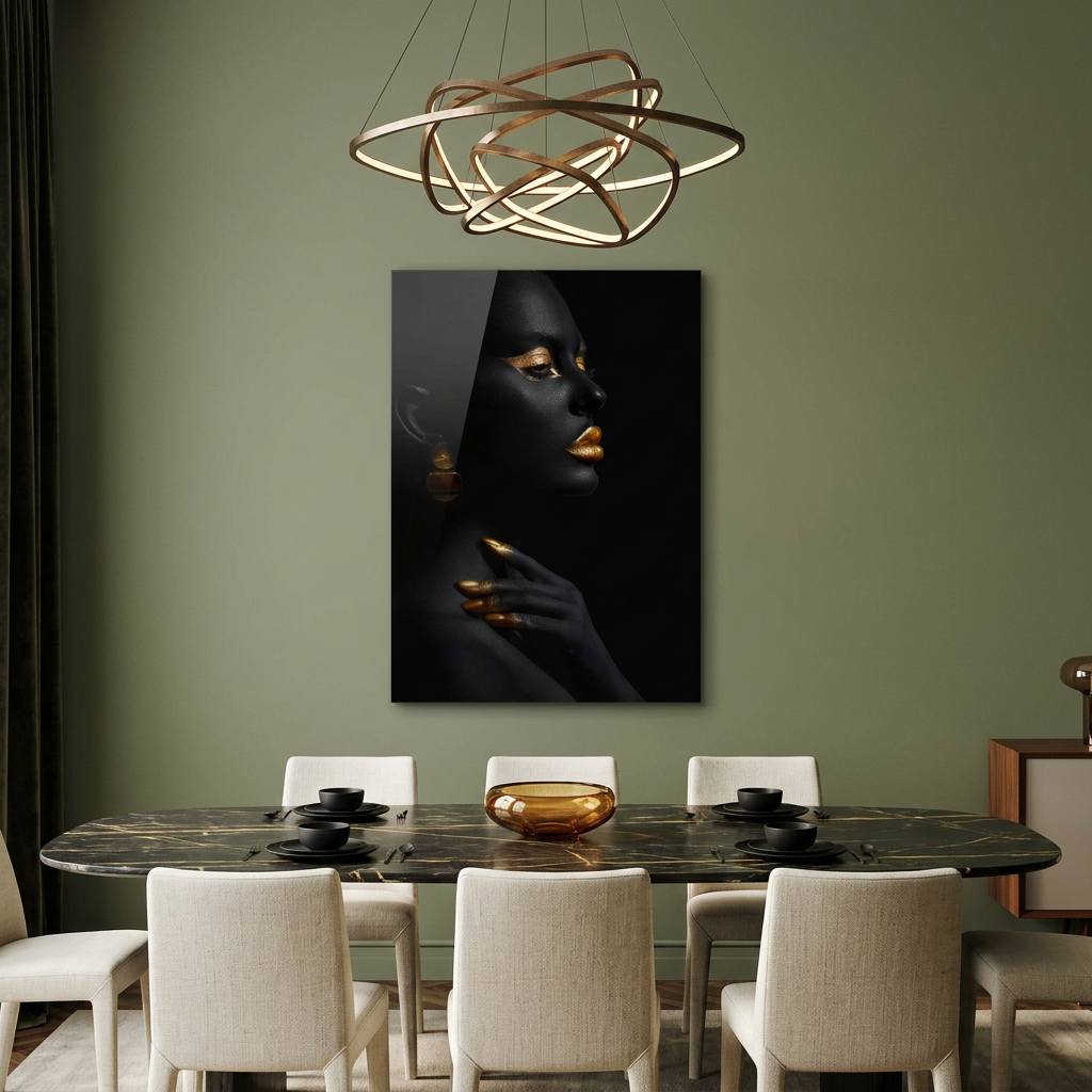 D-182 black and gold woman portrait glass wall art in olive dining room