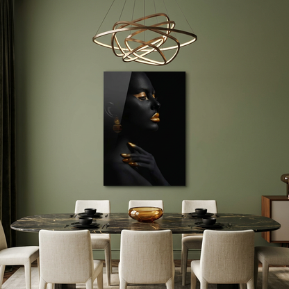 D-182 black and gold woman portrait glass wall art in olive dining room
