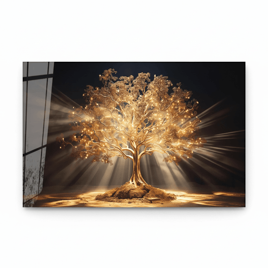 LMT-045 golden Tree of Life glass wall art, front view with original wide panel proportions
