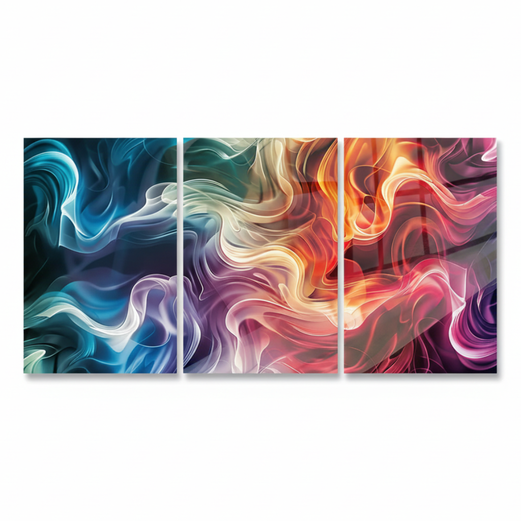 Front view of the three-panel teal water drop glass wall art triptych on a pure white background
