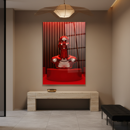 Red chrome futuristic human bust glass wall art in a warm sand luxury entrance hall