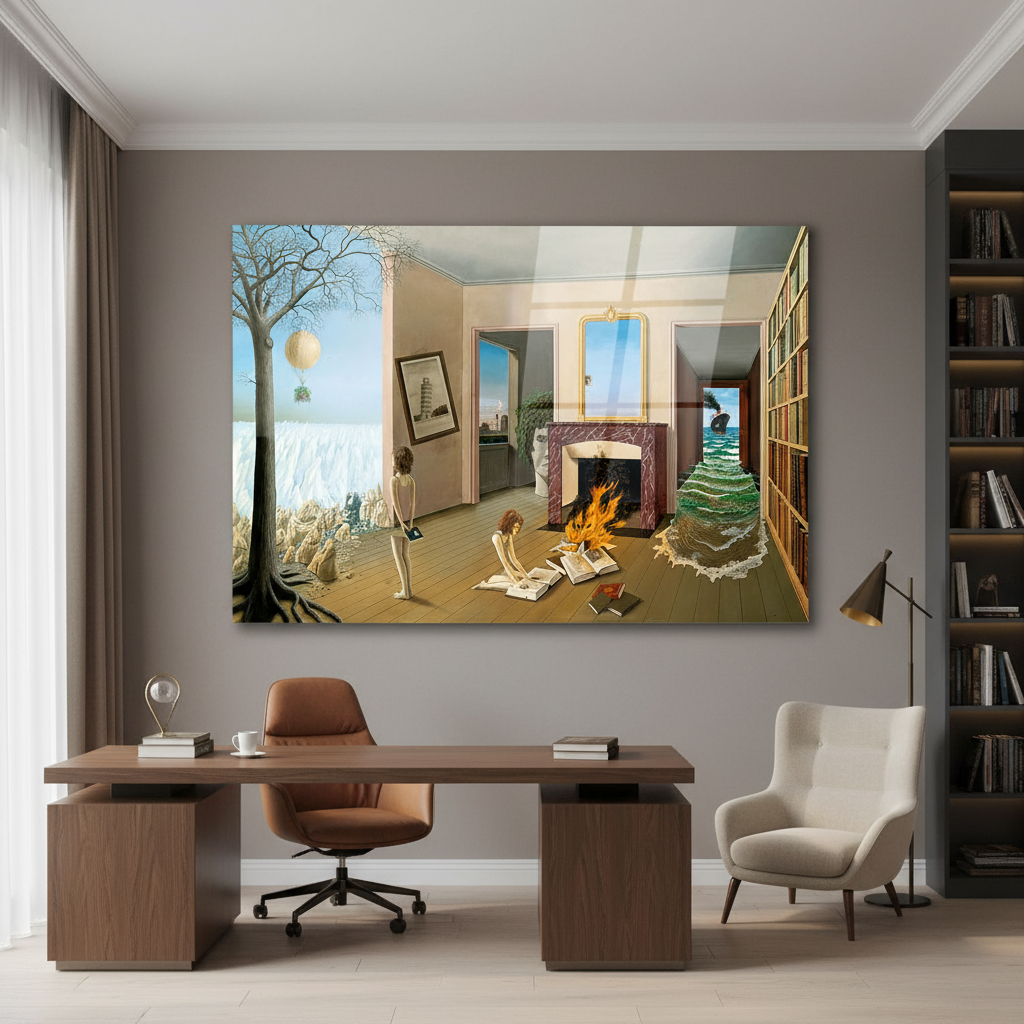 Surrealist interior glass wall art in a luxury executive office