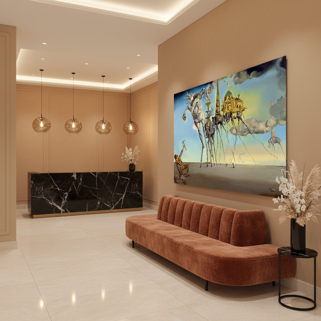 Surrealist horizontal glass wall art in an upscale hotel lobby