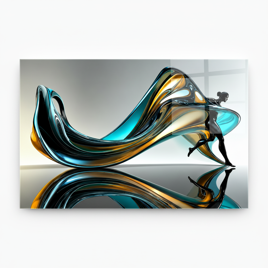 Y-304 abstract turquoise, black and gold figure glass wall art, exact 7 to 5 front view