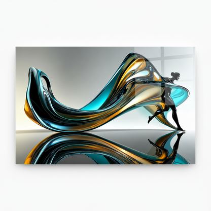 Y-304 abstract turquoise, black and gold figure glass wall art, exact 7 to 5 front view