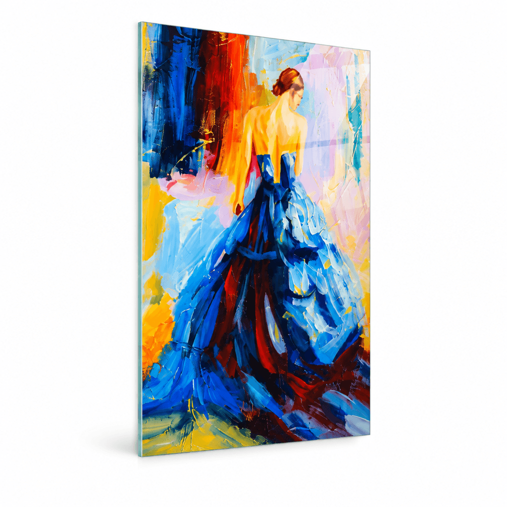 Left-side angled studio mockup of colorful woman in blue dress glass wall art, showing the thin glass edge