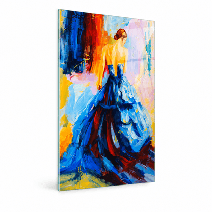 Left-side angled studio mockup of colorful woman in blue dress glass wall art, showing the thin glass edge