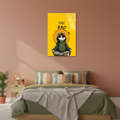 Square 1:1 young bedroom mockup of LMT-001, the yellow Peace Bro meditating cat glass wall art above a bed with olive and terracotta décor.