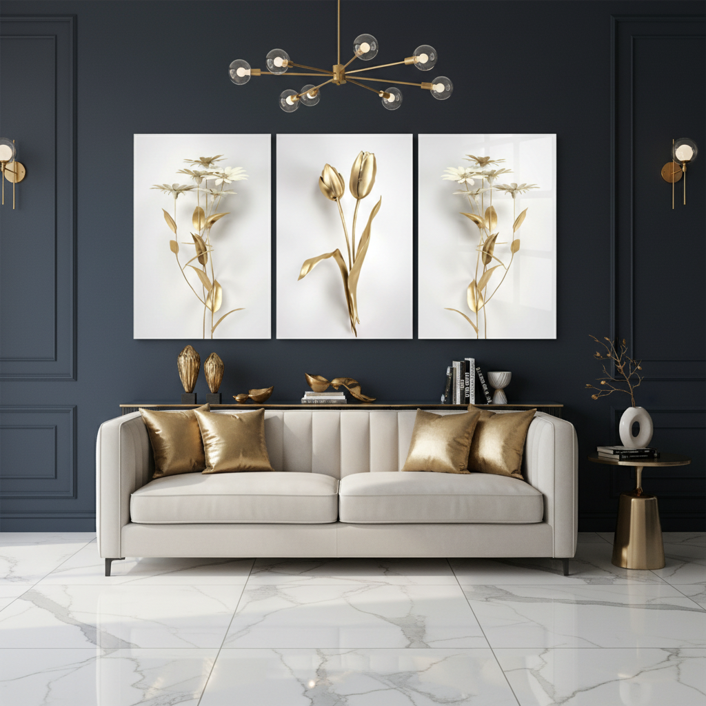 Golden Tulips Daisies Glass Wall Art - Navy Blue Walls