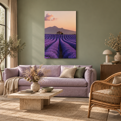 Provence lavender field glass wall art in a living room