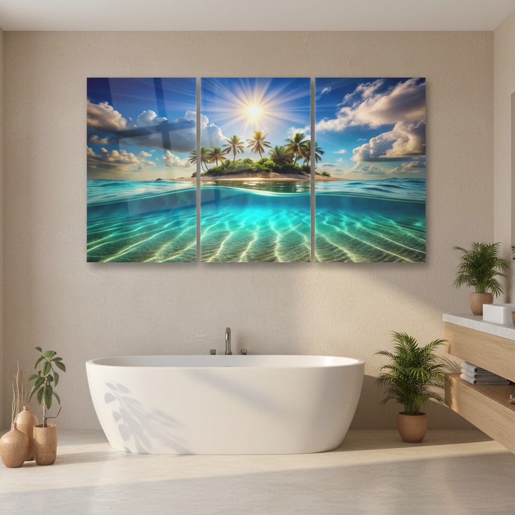 Tropical island paradise triptych glass wall art in a sand beige luxury bathroom