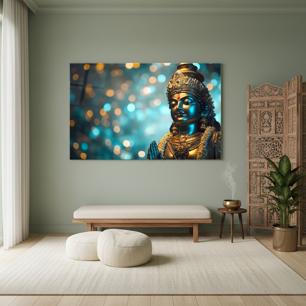 LMT-055 serene Indian deity portrait glass wall art in a luxury meditation room