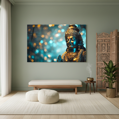 LMT-055 serene Indian deity portrait glass wall art in a luxury meditation room