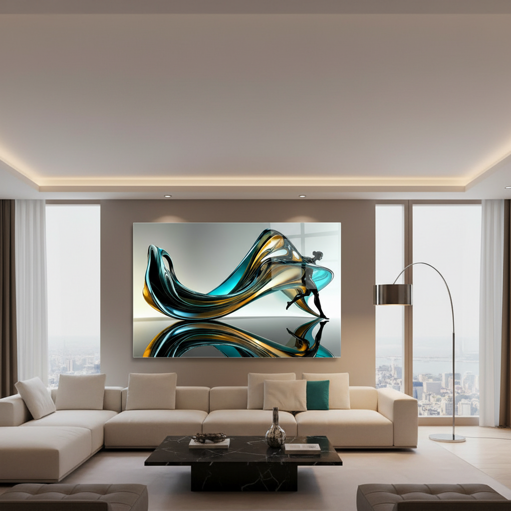 Y-304 abstract turquoise, black and gold figure glass wall art with exact 7 to 5 panel ratio in a penthouse lounge