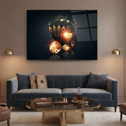 Playing cards and glowing golden dice glass wall art displayed in a luxury games lounge
