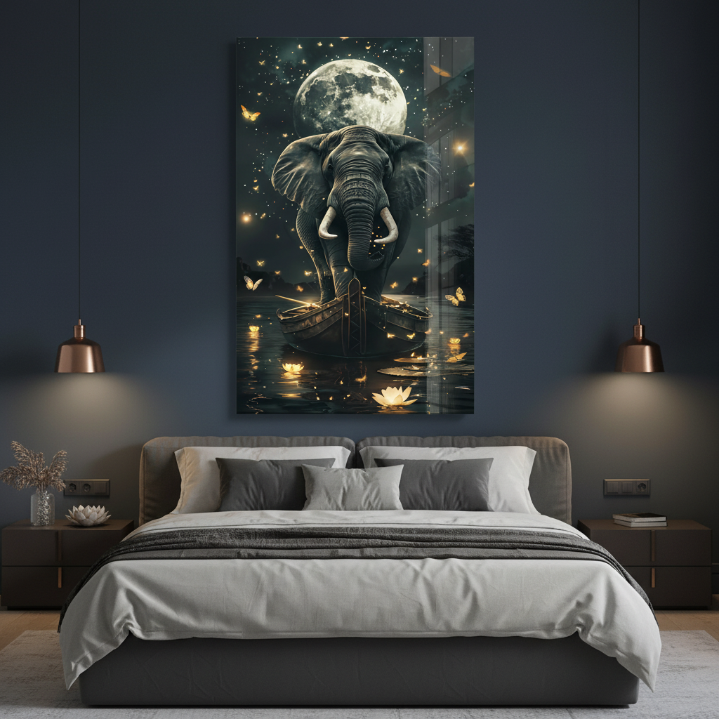 LMT-054 elephant under full moon with butterflies and lotus flowers in a luxury bedroom