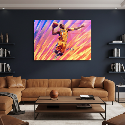Horizontal glass wall art featuring a basketball player displayed in a sophisticated navy sports lounge