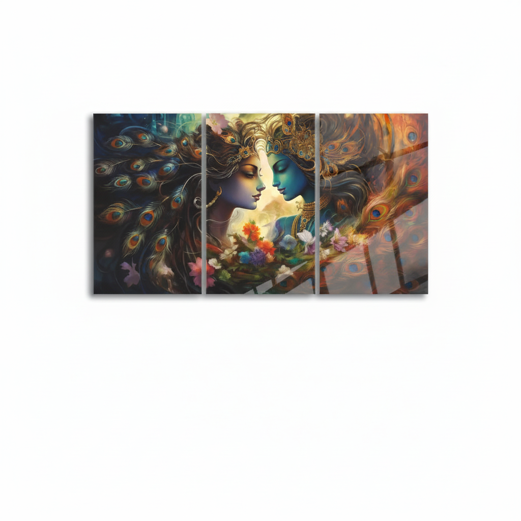 Radha Krishna glass wall art triptych, front view, printed on tempered glass, white background