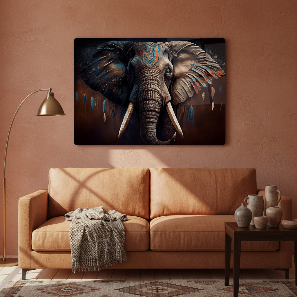 Elephant Portrait Glass Wall Art above a caramel sofa in a warm eclectic living room