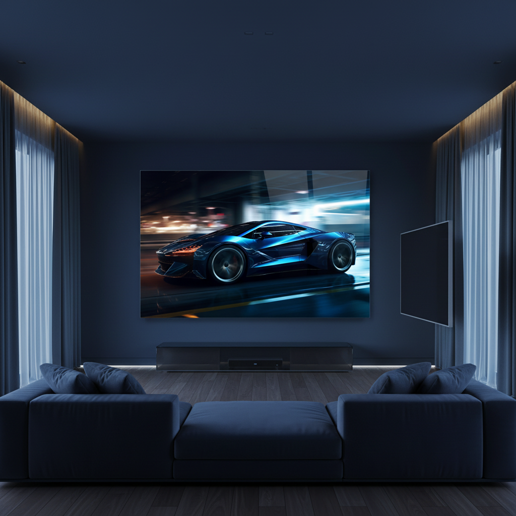 Y-303 electric blue supercar glass wall art in a luxury media room