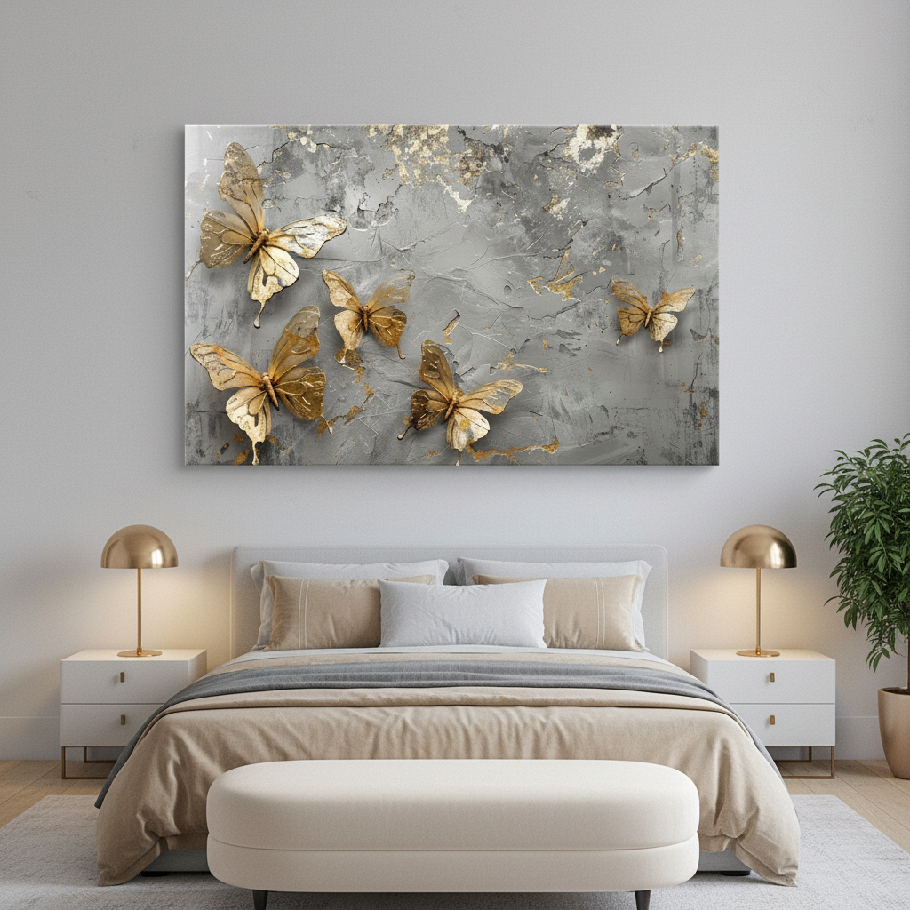 LMT-053 golden butterflies on silver grey textured marble glass wall art in a luxury bedroom