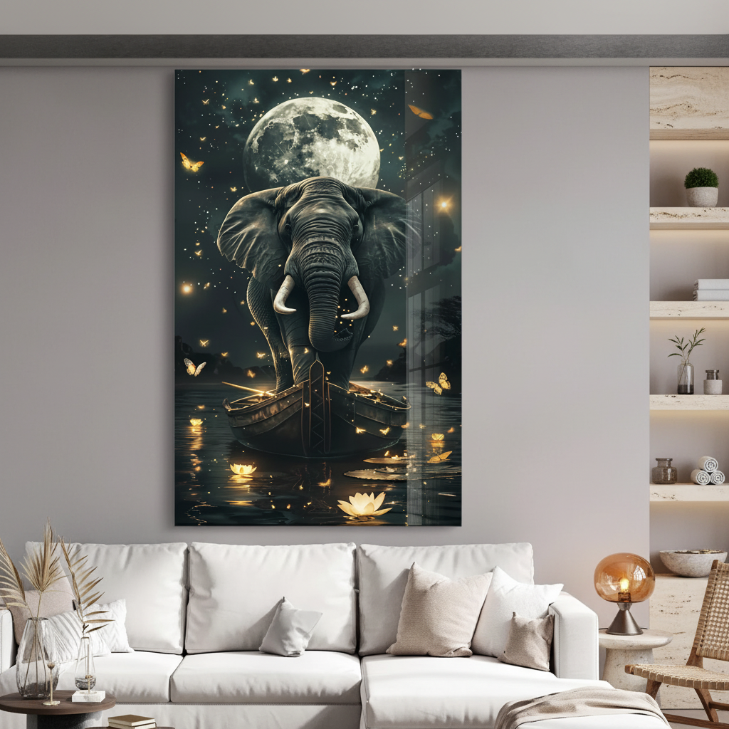 LMT-054 elephant under full moon with butterflies and lotus flowers in a luxury wellness studio