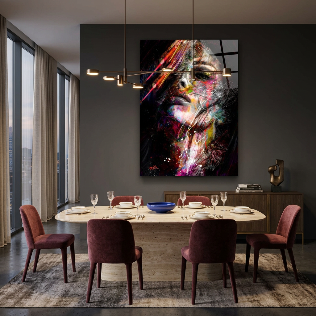 D-180 colorful abstract woman glass wall art in charcoal dining room