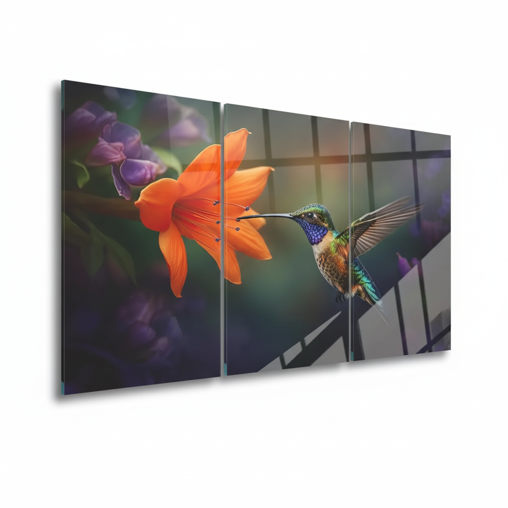 Left-side view of the three-panel hummingbird and orange flower glass wall art triptych on a pure white background