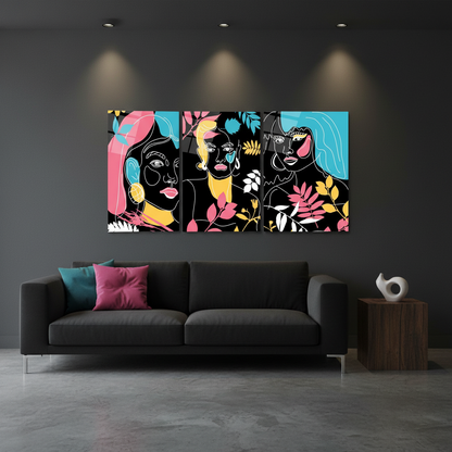 Donne in Stile Line Art Quadro in Vetro Temperato