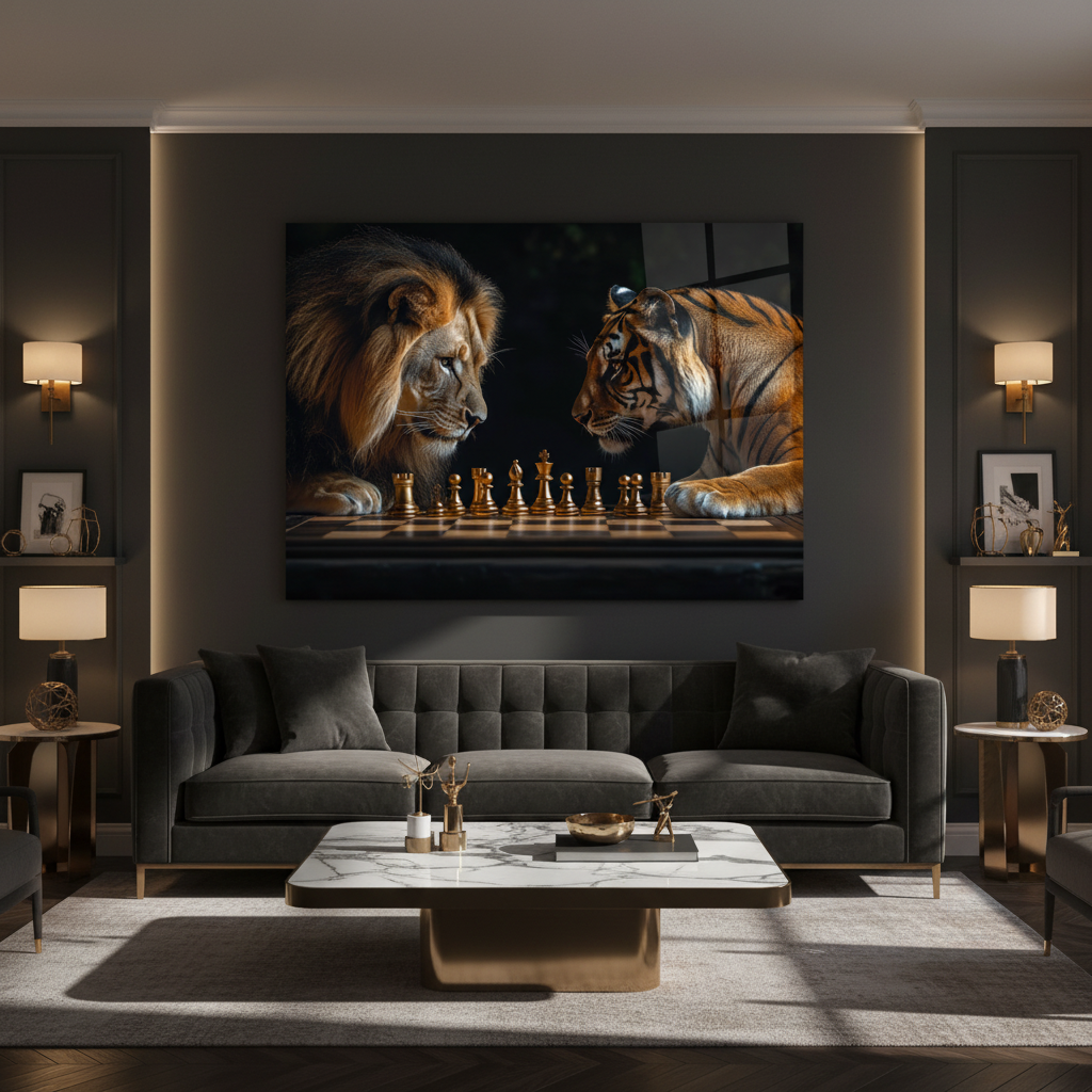 Lion vs Tiger Chess Glass Wall Art in luxury living room