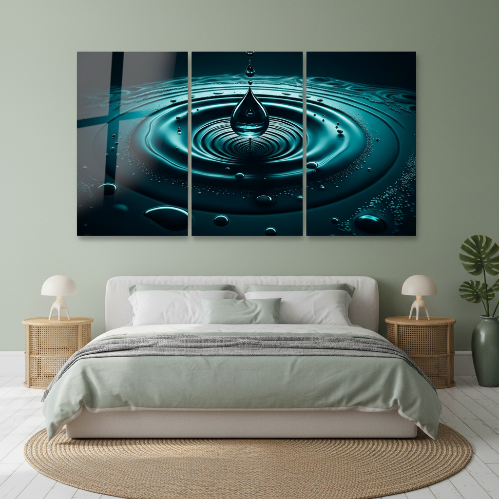 Teal water drop triptych glass wall art in a bedroom with sage green walls and rattan nightstands