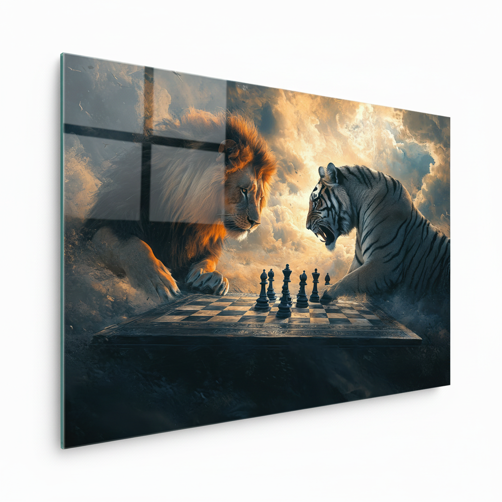 Lion and White Tiger Chess Glass Wall Art – left side view
